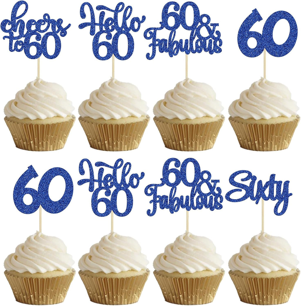 30pcs Happy 60th Birthday Cupcake Toppers - Deep Blue Glitter Sixty Cake Toppers - Cheers to 60 Years Old Cupcake Picks for Anniversary Party Cake Decorations