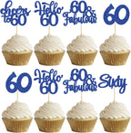 30pcs Happy 60th Birthday Cupcake Toppers - Deep Blue Glitter Sixty Cake Toppers - Cheers to 60 Years Old Cupcake Picks for Anniversary Party Cake Decorations