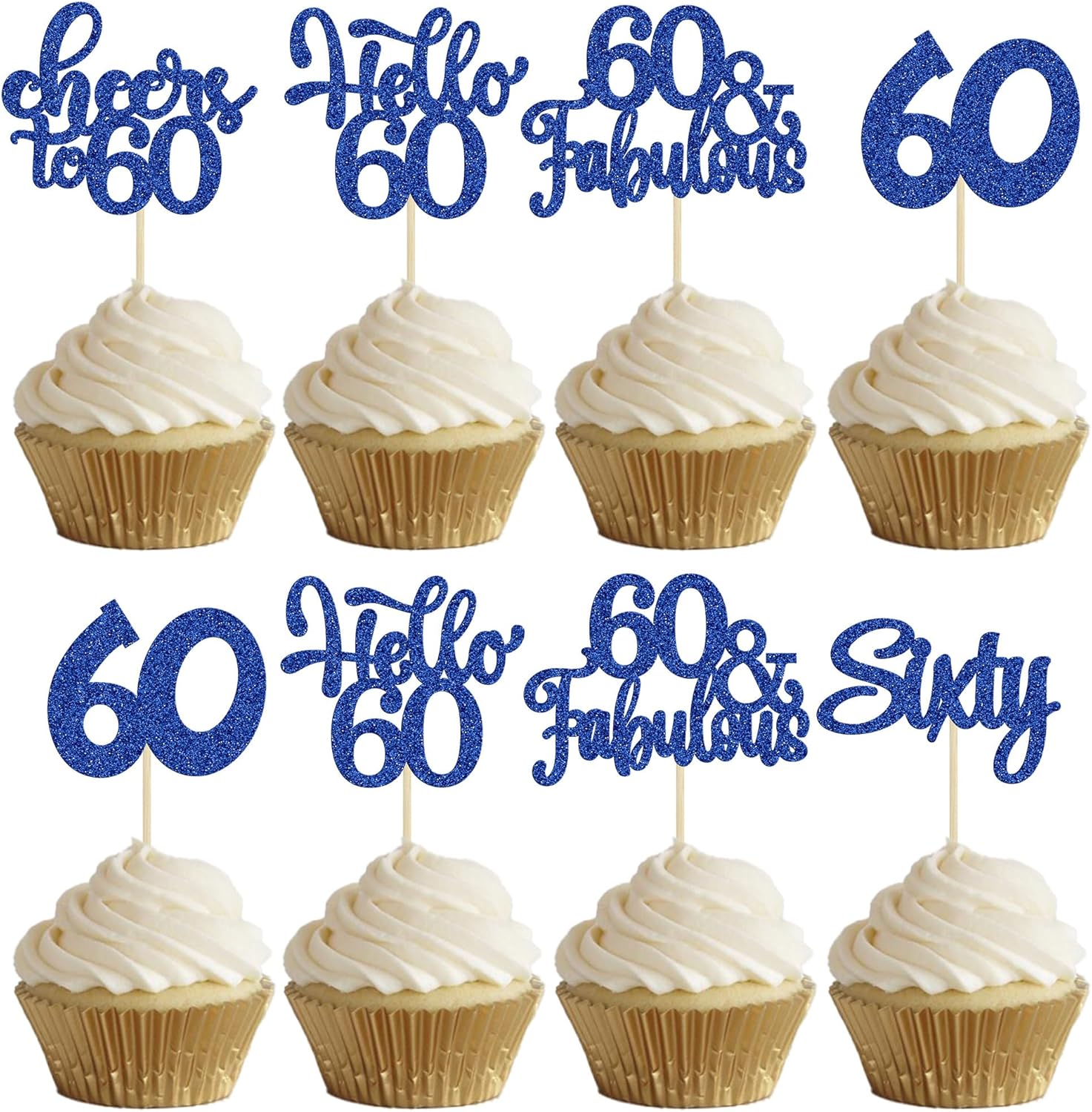 30pcs Happy 60th Birthday Cupcake Toppers - Deep Blue Glitter Sixty Cake Toppers - Cheers to 60 Years Old Cupcake Picks for Anniversary Party Cake Decorations