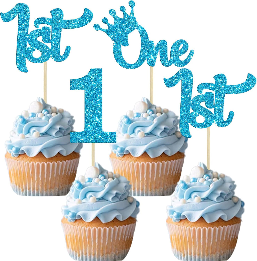 24Pcs 1st Birthday Cupcake Toppers Glitter First Birthday Cake Decorations One Cupcake Picks for Kids Baby Shower 1st Birthday Party Cake Decorations Supplies Blue