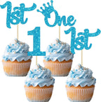 24Pcs 1st Birthday Cupcake Toppers Glitter First Birthday Cake Decorations One Cupcake Picks for Kids Baby Shower 1st Birthday Party Cake Decorations Supplies Blue