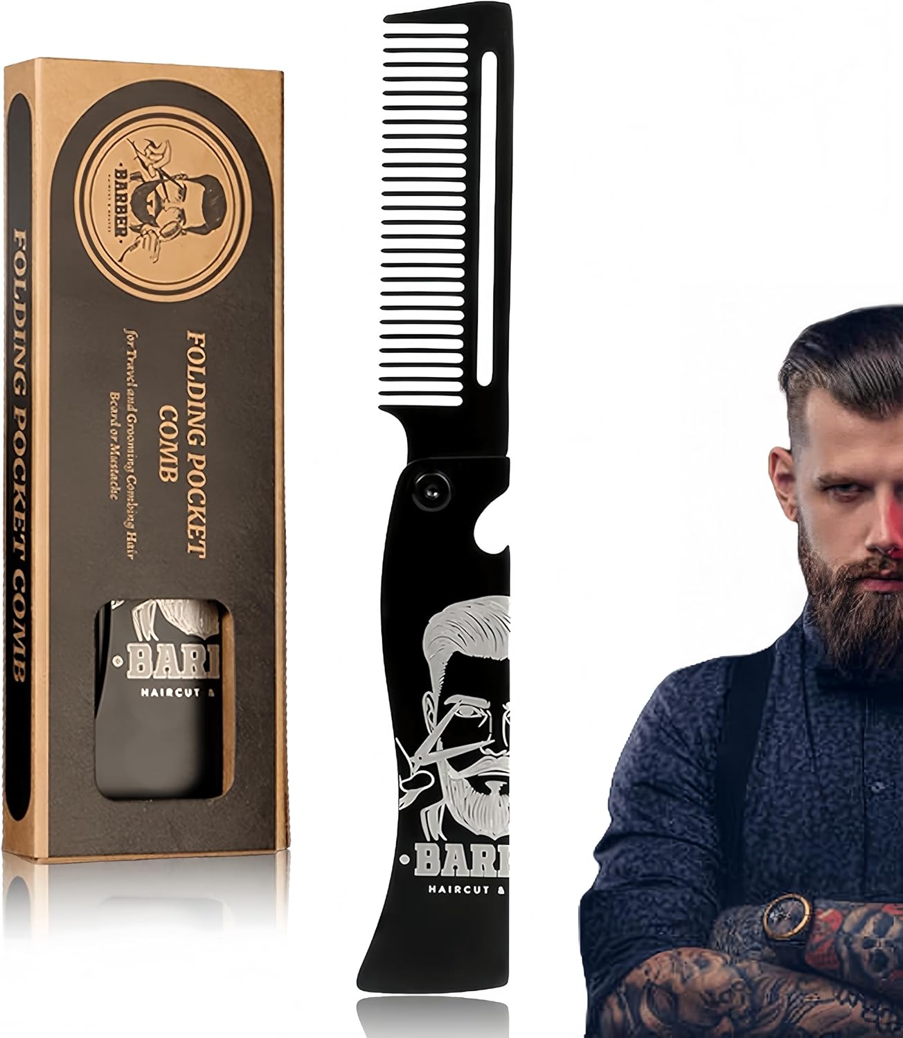 Men's Metal Folding Pocket Beard & Mustache Comb, EDC Knife Comb with Bottle Opener for Outdool Travel - Anti-Static for Hair Styling Pompadour, Slicked-back, Fauxhawk, Undercut - Black