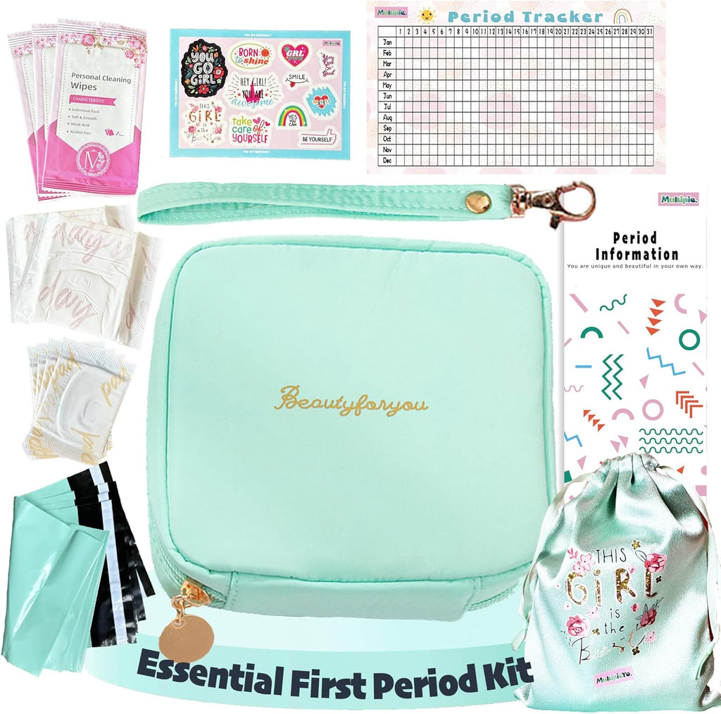 Essential First Period Kit for Girls 10-12 | Period Bags for Teen Girls for School | First Period Gift with Sanitary Pad Storage Bag, Wipes, Period Tracker and More(Mint)