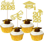 24 PCS Class of 2026 Graduation Theme Cupcake Toppers Glitter Diploma Graduation Cap Cupcake Picks 2026 Graduation Theme Party Cake Decorations Supplies Gold