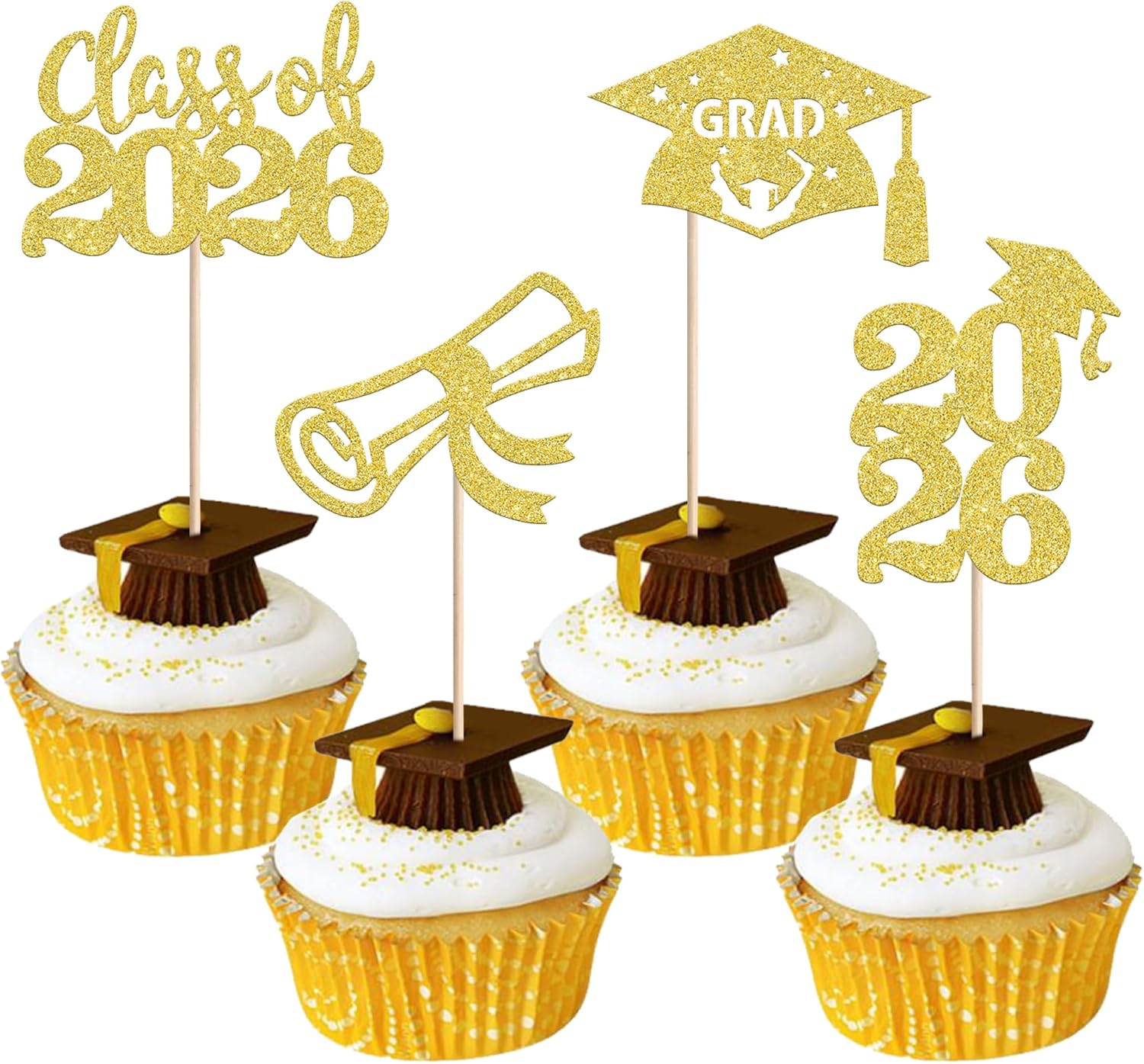 24 PCS Class of 2026 Graduation Theme Cupcake Toppers Glitter Diploma Graduation Cap Cupcake Picks 2026 Graduation Theme Party Cake Decorations Supplies Gold