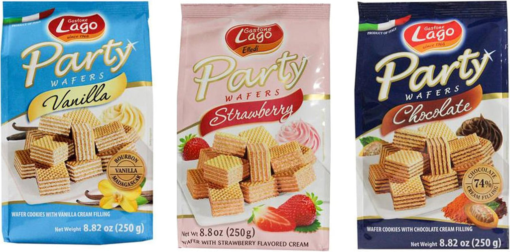 Gastone Lago Party Variety Wafers Cream Filling 8.82 oz, 250g (Pack of 3) (Chocolate / Vanilla / Strawberry, 3-Pack)