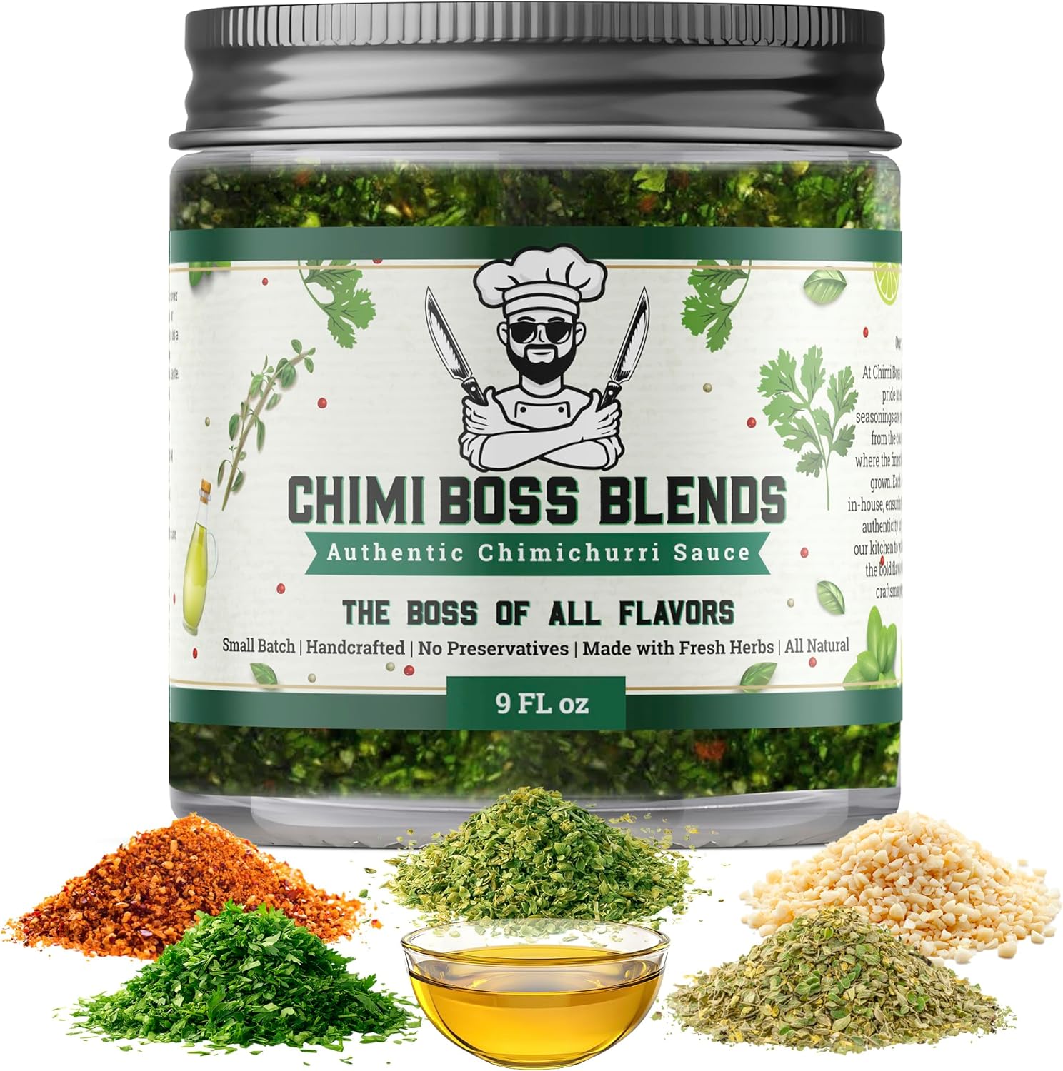 Chimi Boss Chimichurri Original Sauce, 9 fl oz – Authentic Argentinian Green Herb Sauce with Fresh Parsley, Garlic & Spices – All Natural Marinade & Topping – Made in USA