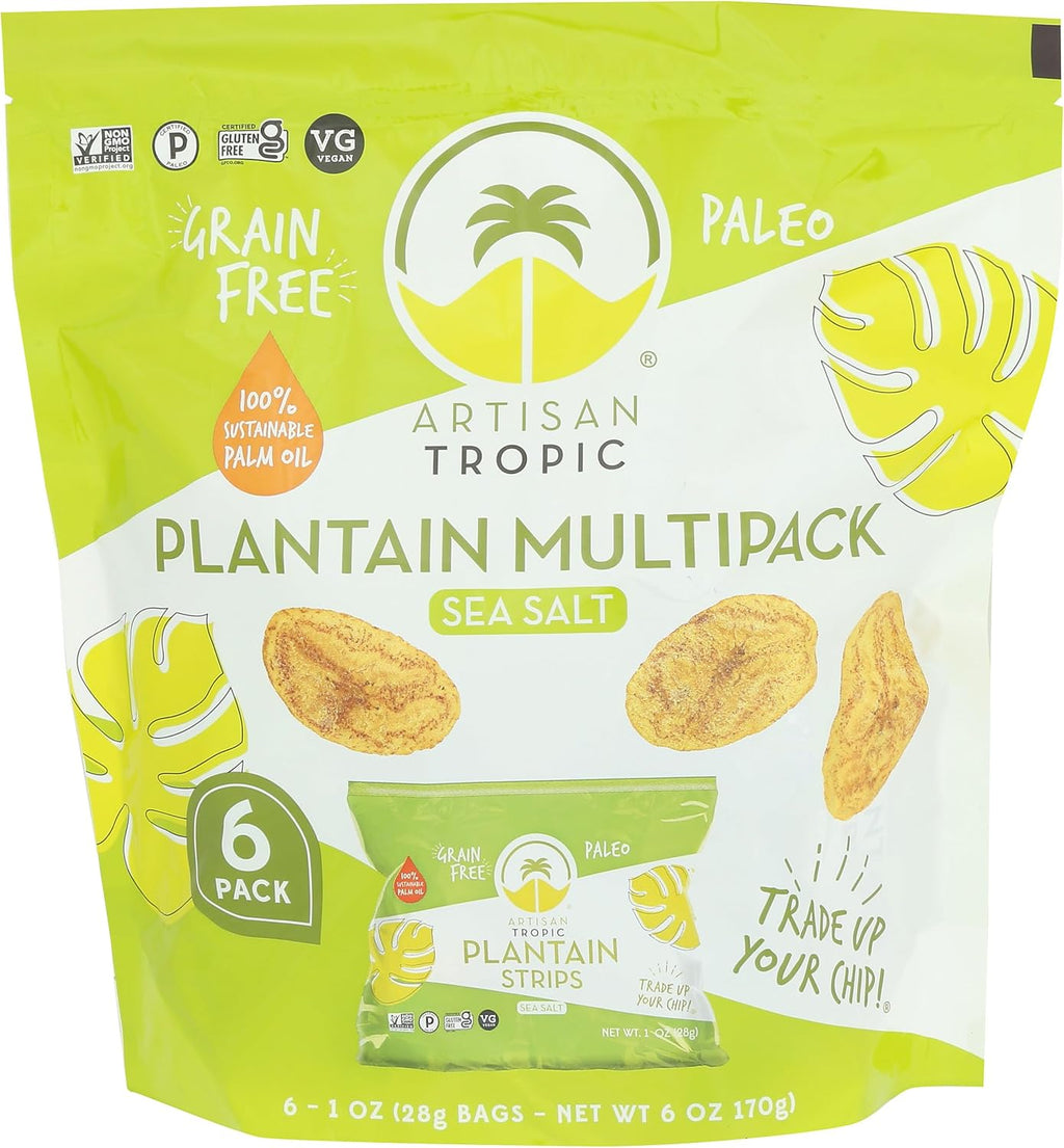 ARTISAN TROPIC Plantain Strips Sea Salt - 6 Pack, 1oz - Vegan, Paleo, Gluten Free Chips - Individual Bags Healthy Snacks for School, Gym, Kids – Whole 30 Approved Foods Baked Banana Chips