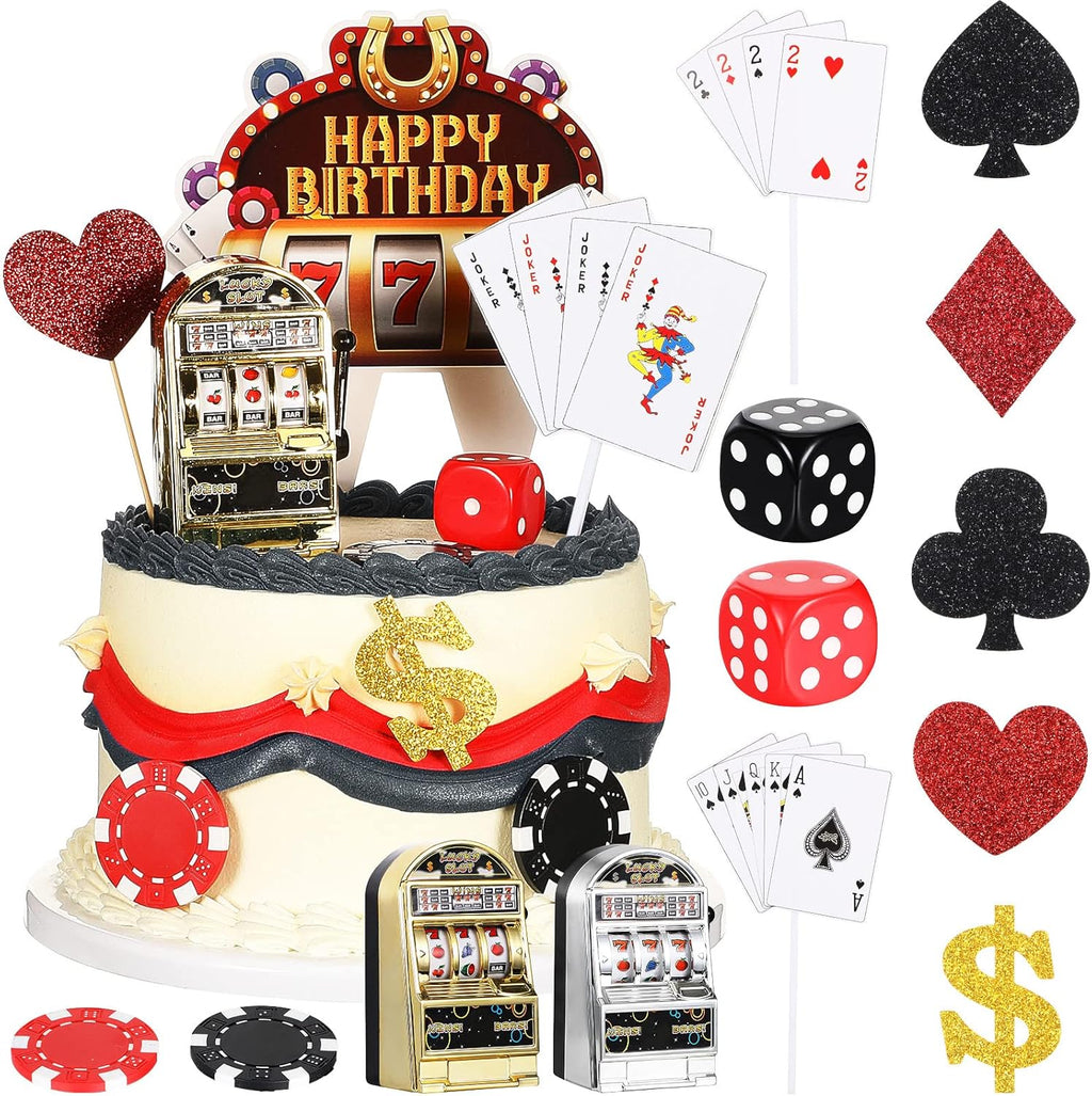 21 Pieces Casino Cake Decorations Set Includes Mini Slot Toy Machine Poker Cake Cupcake Topper Casino Happy Birthday Topper Poker Chips Dices for Las Vegas Scene Theme Parties