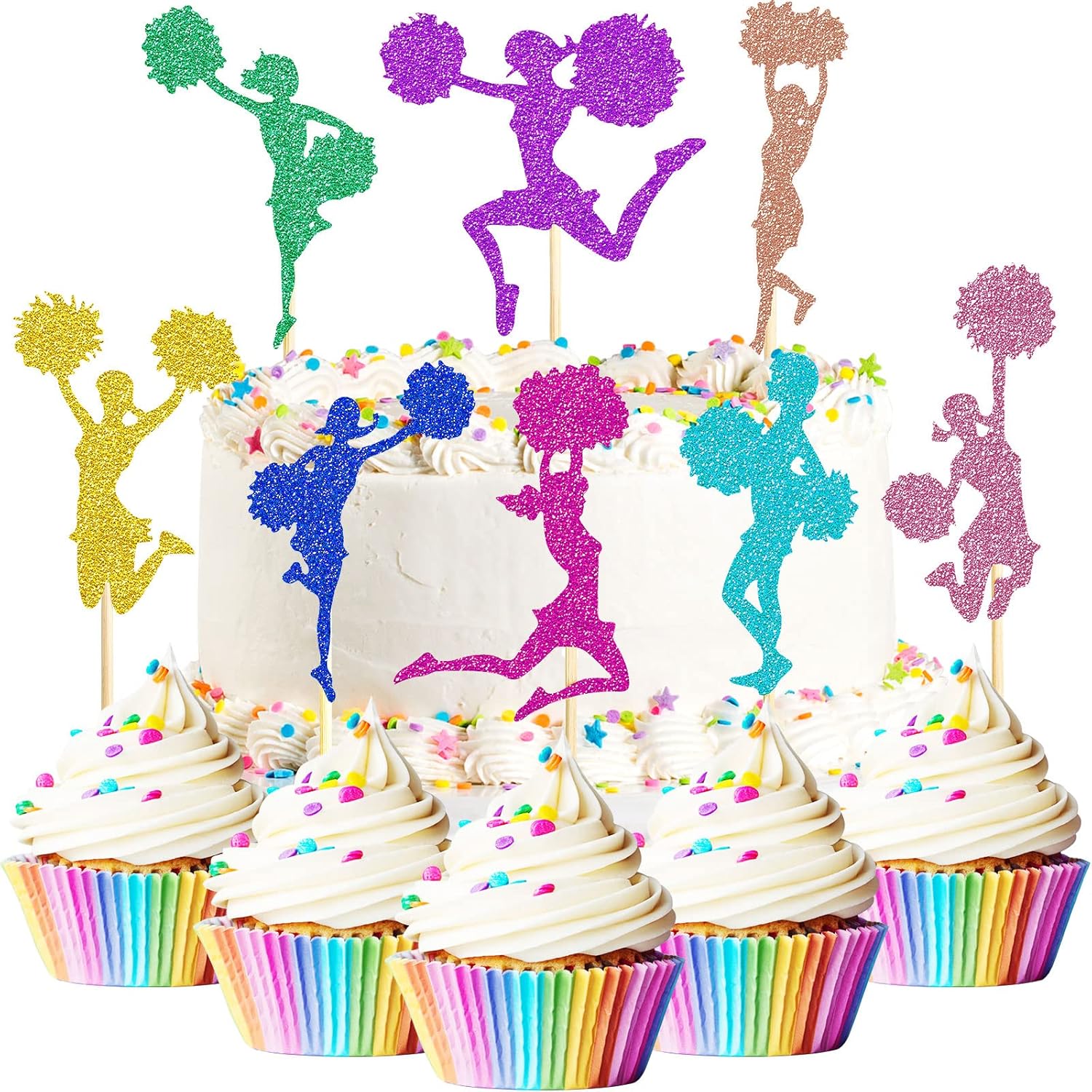 48 Pieces Cheerleader Cupcake Toppers Glitter Cheerleading Gymnastics Cupcake Picks Cheer Team Cake Decorations Girl Toothpicks Cake Decor for Girls Birthday Party Favors Supplies