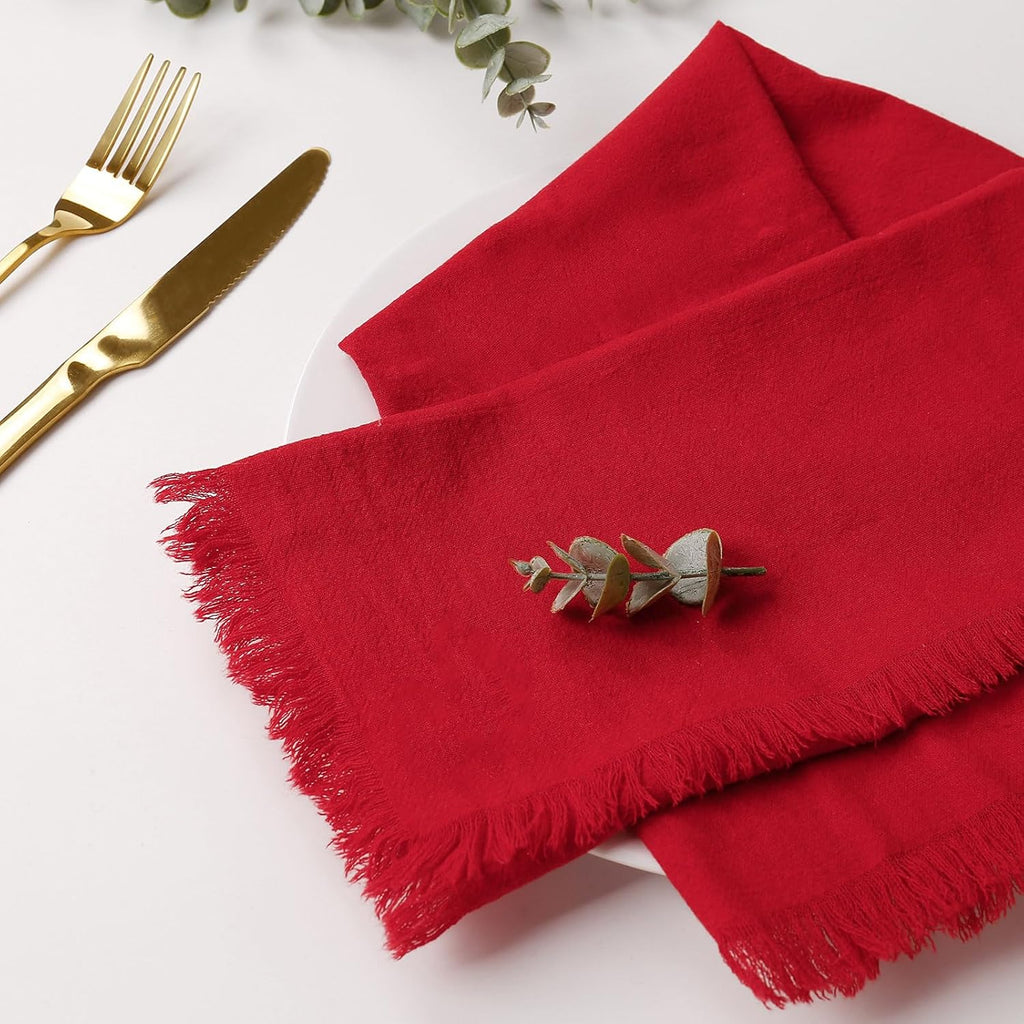 Red Cloth Napkins Set of 6, 100% Cotton Napkins with Fringe, 18 x 18 Inches Handmade Soft Red Dinner Cloth Napkins Washable for Thanksgiving/Christmas/Weddings/Parties Dinner Table Decor
