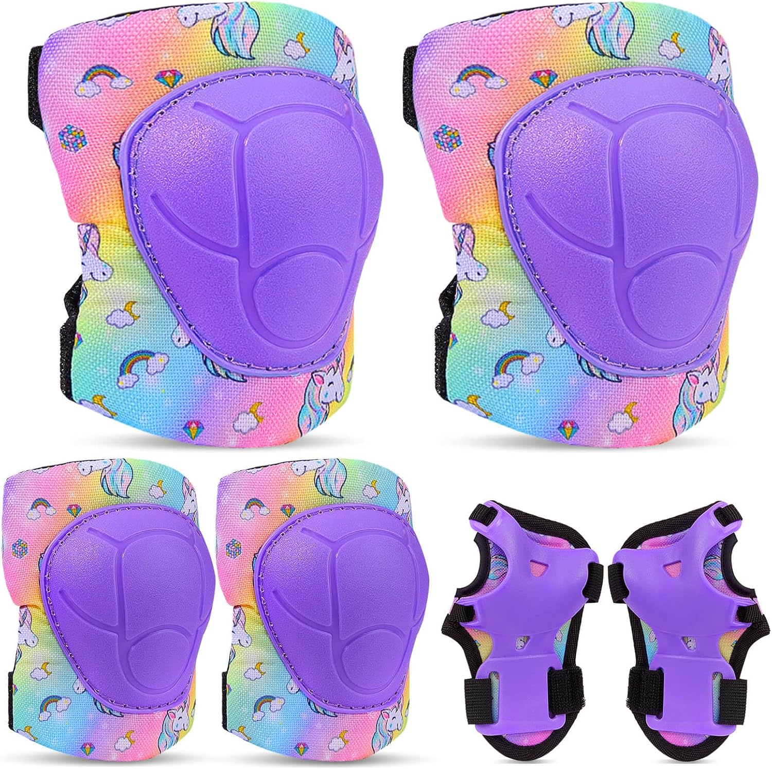 FIODAY Knee Pads for Kids Protective Gear Set Adjustable Kids Knee Pads and Elbow Pads with Wrist Guard for Girls Roller Skates Cycling Bike Skateboard Scooter Knee Pads, 3-8 Years,Rainbow Unicorn