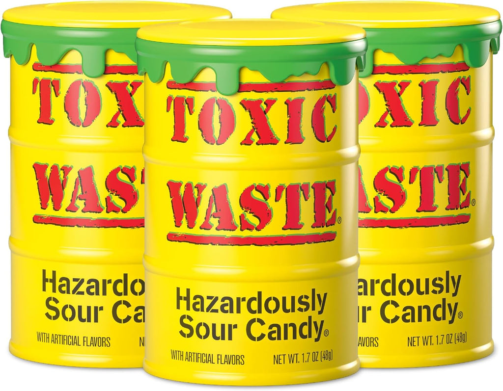 TOXIC WASTE - Hazardously Sour Candy - Apple, Watermelon, Lemon, Blue Raspberry, & Black Cherry Flavors - Original Yellow Drums - 3-Pack