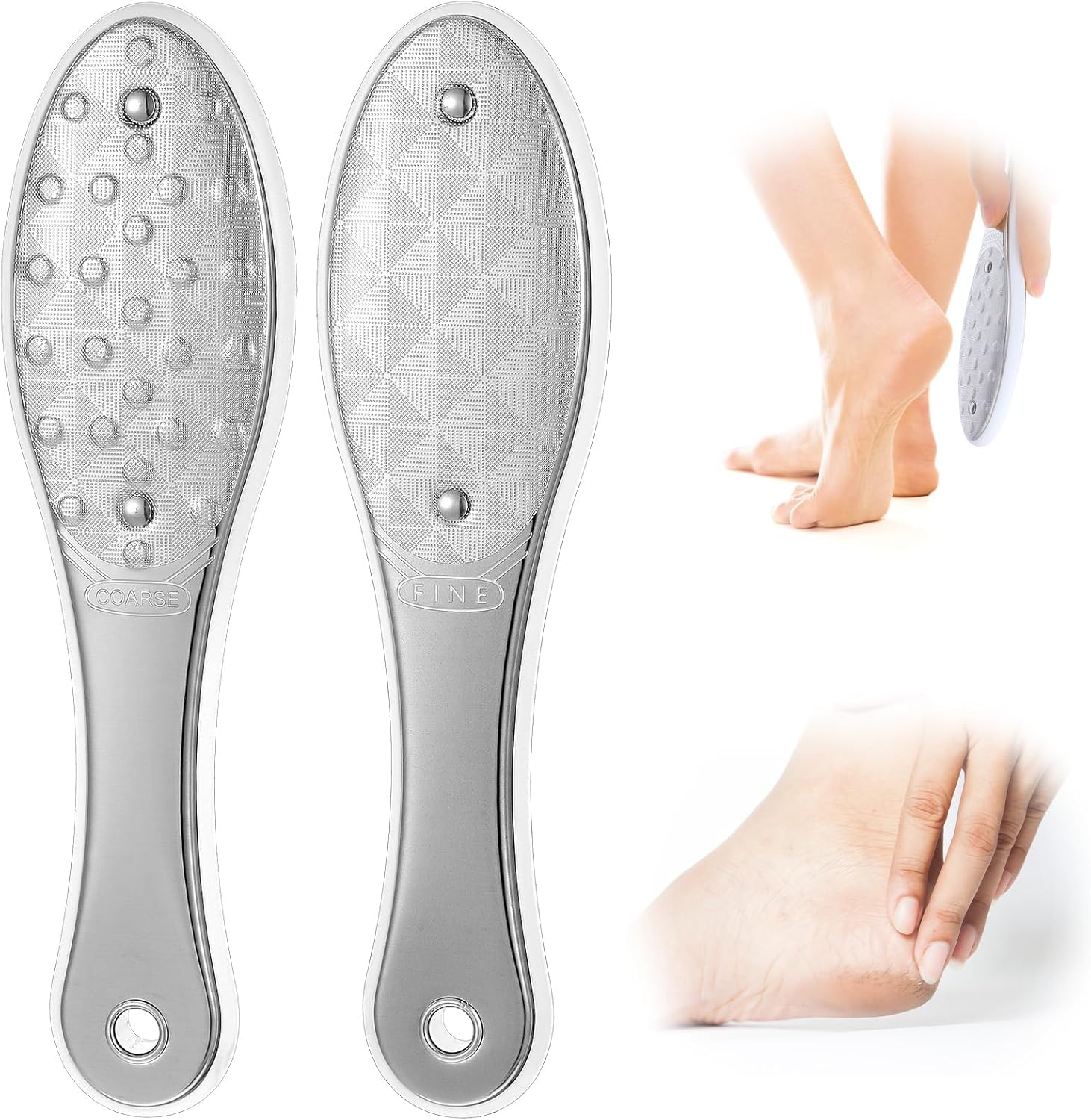 2 Pcs Foot File Metal Stainless Steel Double Sided Feet Rasp Surface Scraper Scrubber Professional Grater Heel Corns Callus Remover Pedicure Care Tools for Wet Dry Hard Dead Skin