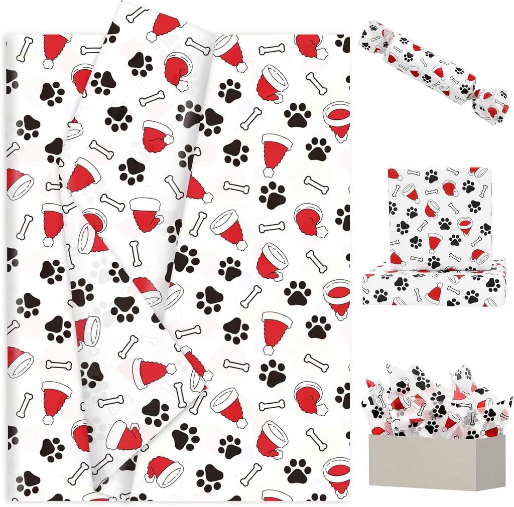 Whaline 60 Pcs Christmas Tissue Paper Santa Hat Dog Paw Bone Wrapping Paper Decorative Art Tissue for Xmas Winter DIY Craft Packing, 14 x 20 Inch