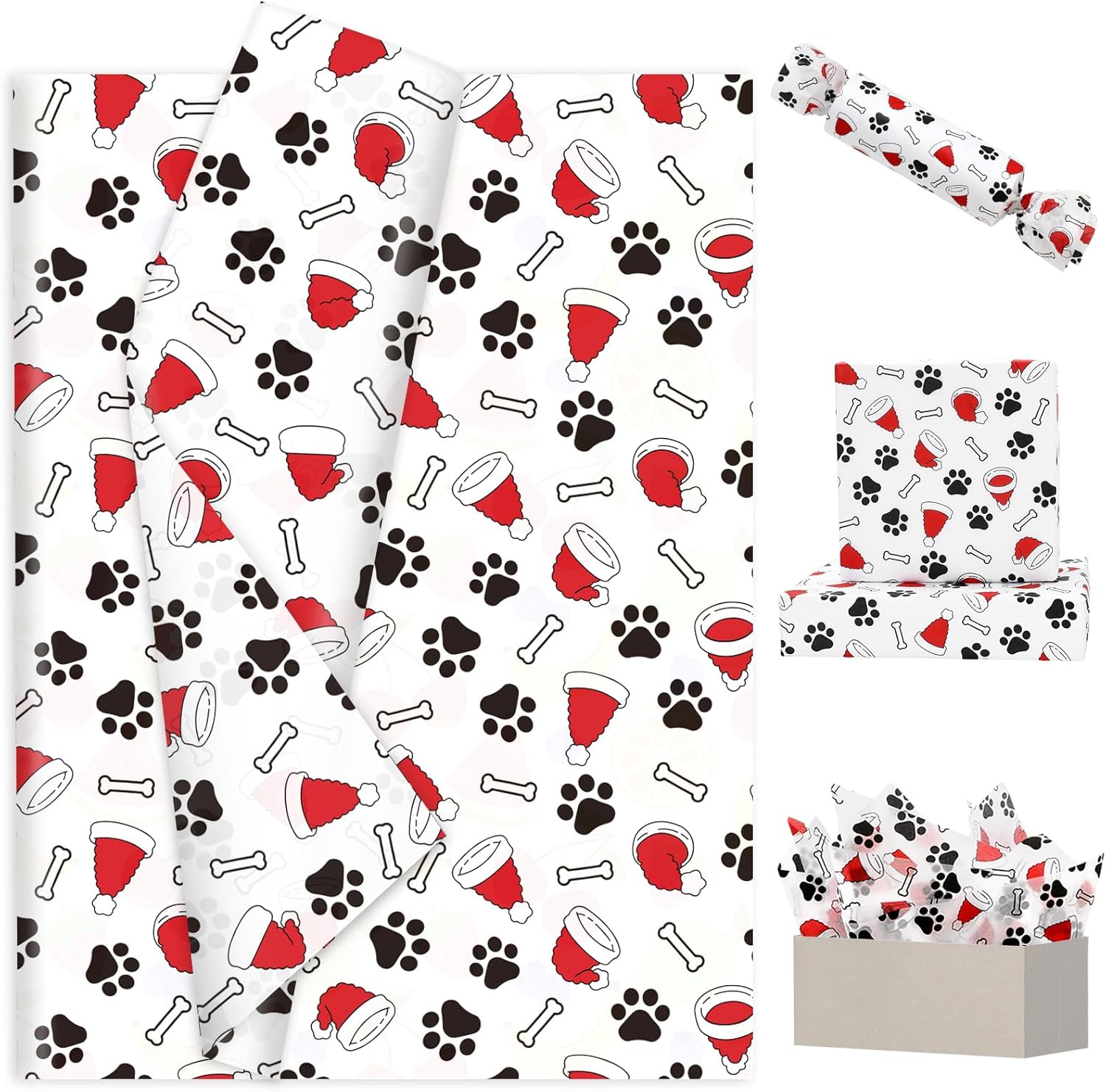 Whaline 60 Pcs Christmas Tissue Paper Santa Hat Dog Paw Bone Wrapping Paper Decorative Art Tissue for Xmas Winter DIY Craft Packing, 14 x 20 Inch