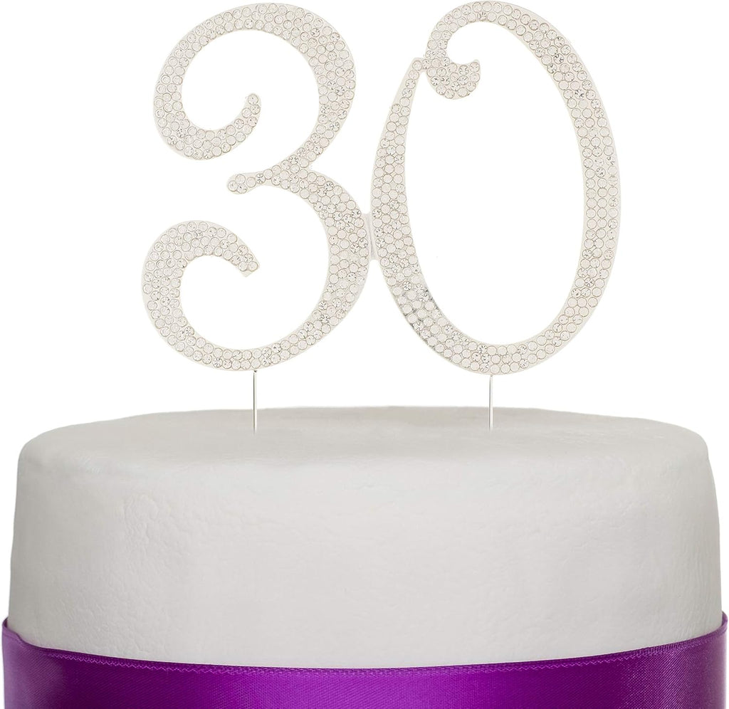 Ella Celebration 30 Cake Topper for 30th Birthday or Anniversary Silver Crystal Rhinestone Party Decoration (Silver)