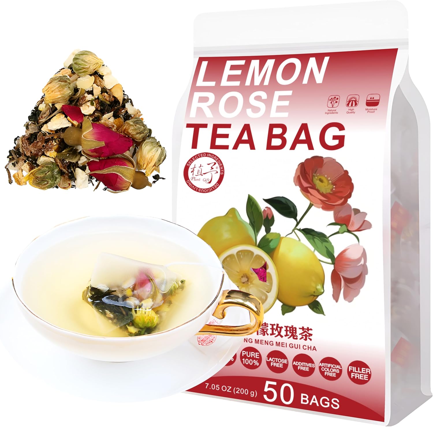 Plant Gift 50 Cups Lemon Rose Tea Bag (柠檬玫瑰茶 NING MENG MEI GUI CHA) 7.05oz (4g*50bags/200G) Dandelion, Chrysanthemum, Rose Natural Mixed Herbal Combination of Floral Tea