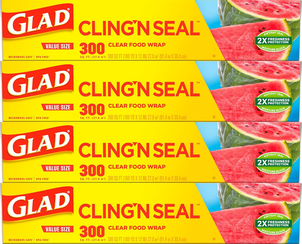 Glad Cling N Seal Plastic Wrap for Food, Airtight Seal, 300 Square Foot Roll (Pack of 4)