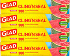 Glad Cling N Seal Plastic Wrap for Food, Airtight Seal, 300 Square Foot Roll (Pack of 4)