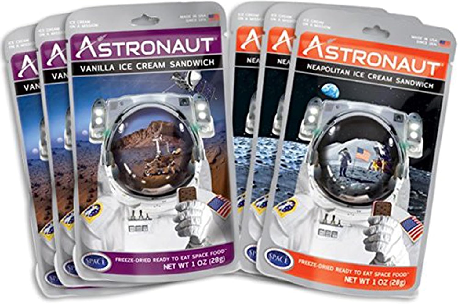 Astronaut Foods Freeze-Dried Ice Cream Sandwich, NASA Space Dessert, Variety Pack with Vanilla and Neapolitan, 6 Count