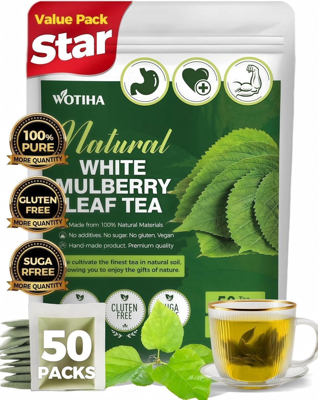 WOTIHA 50 Count Premium White Mulberry Leaf Tea Bags - 100% Natural & Pure, Improves Digestion, Supports Wellness, Slightly Sweet & Refreshing,Non-GMO Caffeine-Free, Additive-Free, Sugar-Free, Vegan