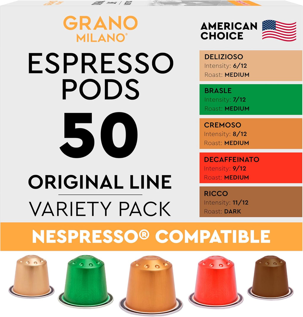 Grano Milano Variety Pack With Decaf Coffee Capsules - 50 Aluminum Coffee Pods Compatible with Nespresso Original Line, Medium And Dark Roast, Made In Italy