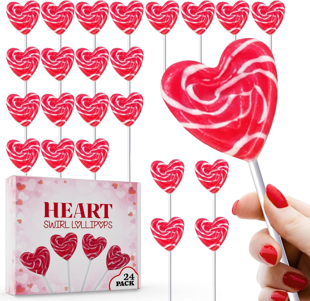 Red Heart Swirl Lollipops - 24 Candy Suckers Individually Wrapped - Heart Party Favors and Candy Bags