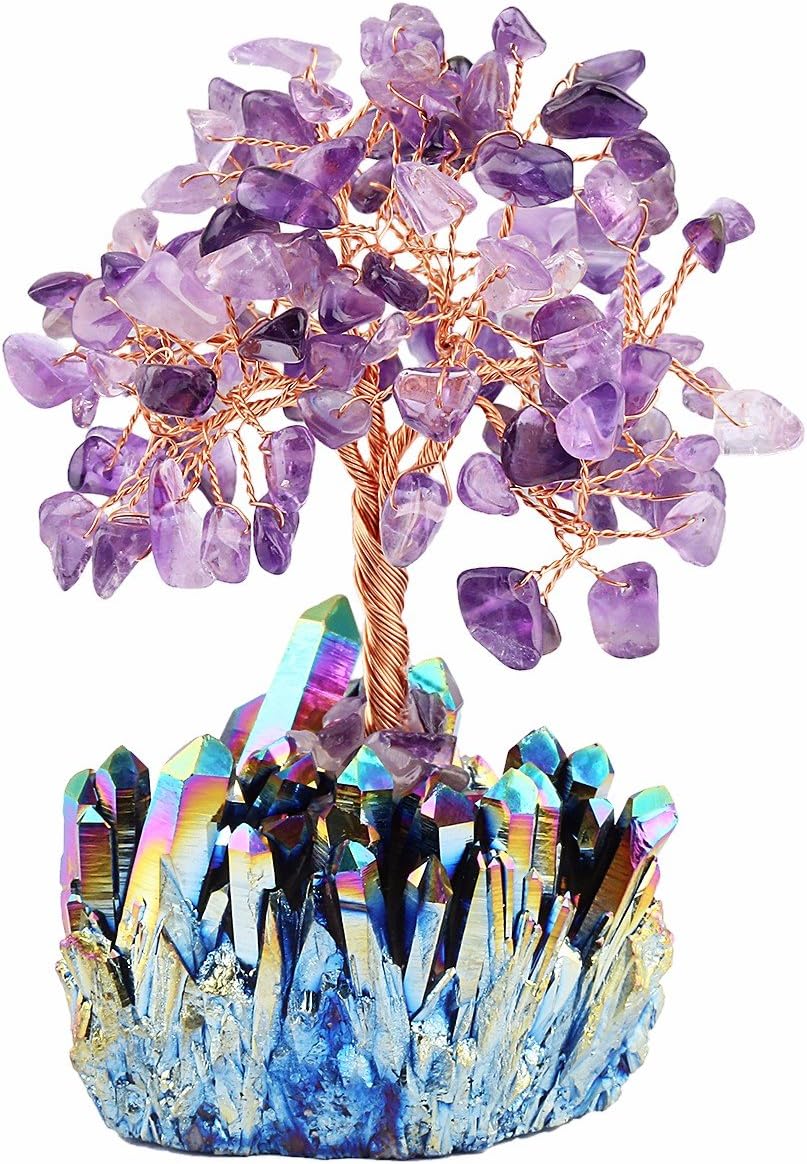 mookaitedecor Amethyst Crystal Tree, Quartz Cluster Rainbow Titanium Crystals Base Bonsai Money Tree for Wealth and Luck