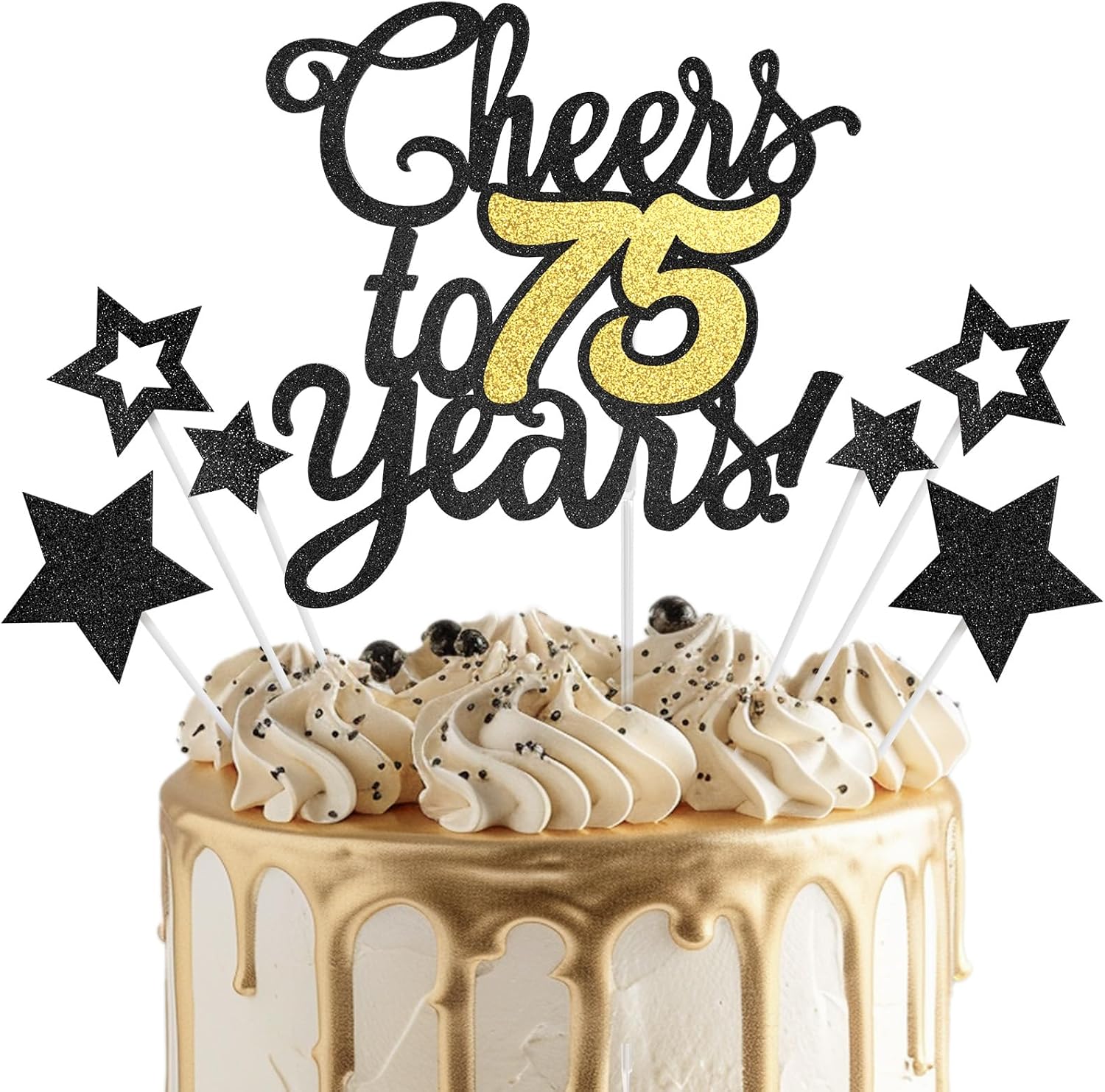 Cheers to 75 Years Cake Topper - Black Gold 75th Birthday/Anniversary Cake Topper for Men Women - Happy 75th Birthday Cake Topper - Cake Decorations for seventy-five Birthday or Anniversary Party