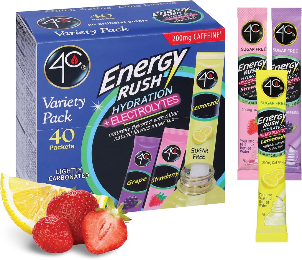 4C Energy Rush PSD with Electrolytes Variety Pack Stix, 40 ct (14 Lemonade, 12 Strawberry/14 Grape)
