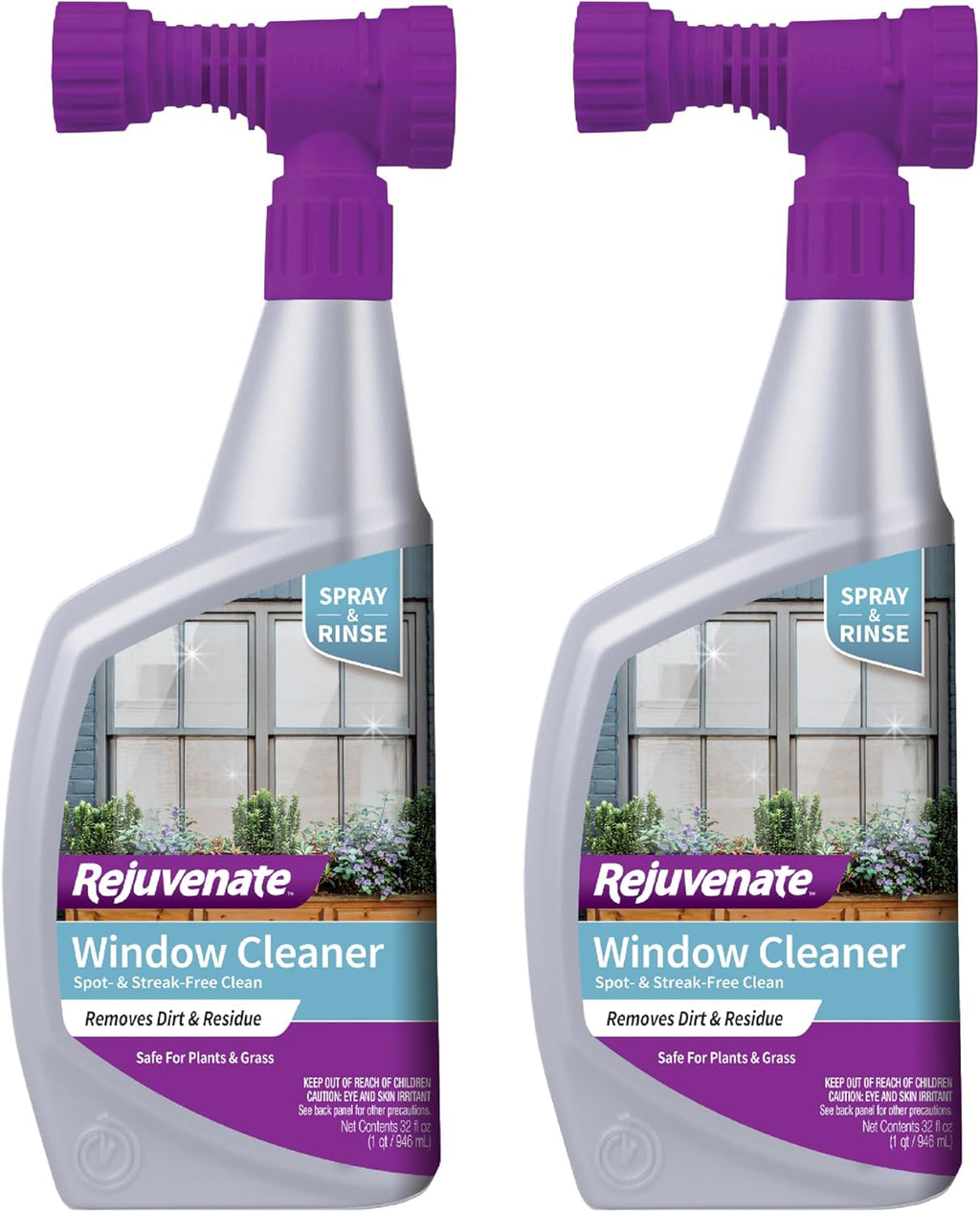 Rejuvenate Window Cleaner, 32 Ounces, Non-Toxic Outdoor Window Cleaner With Hose-End Adapter Quickly Removes Dirt For A Spot- And Streak-Free Shine, 2 Pack