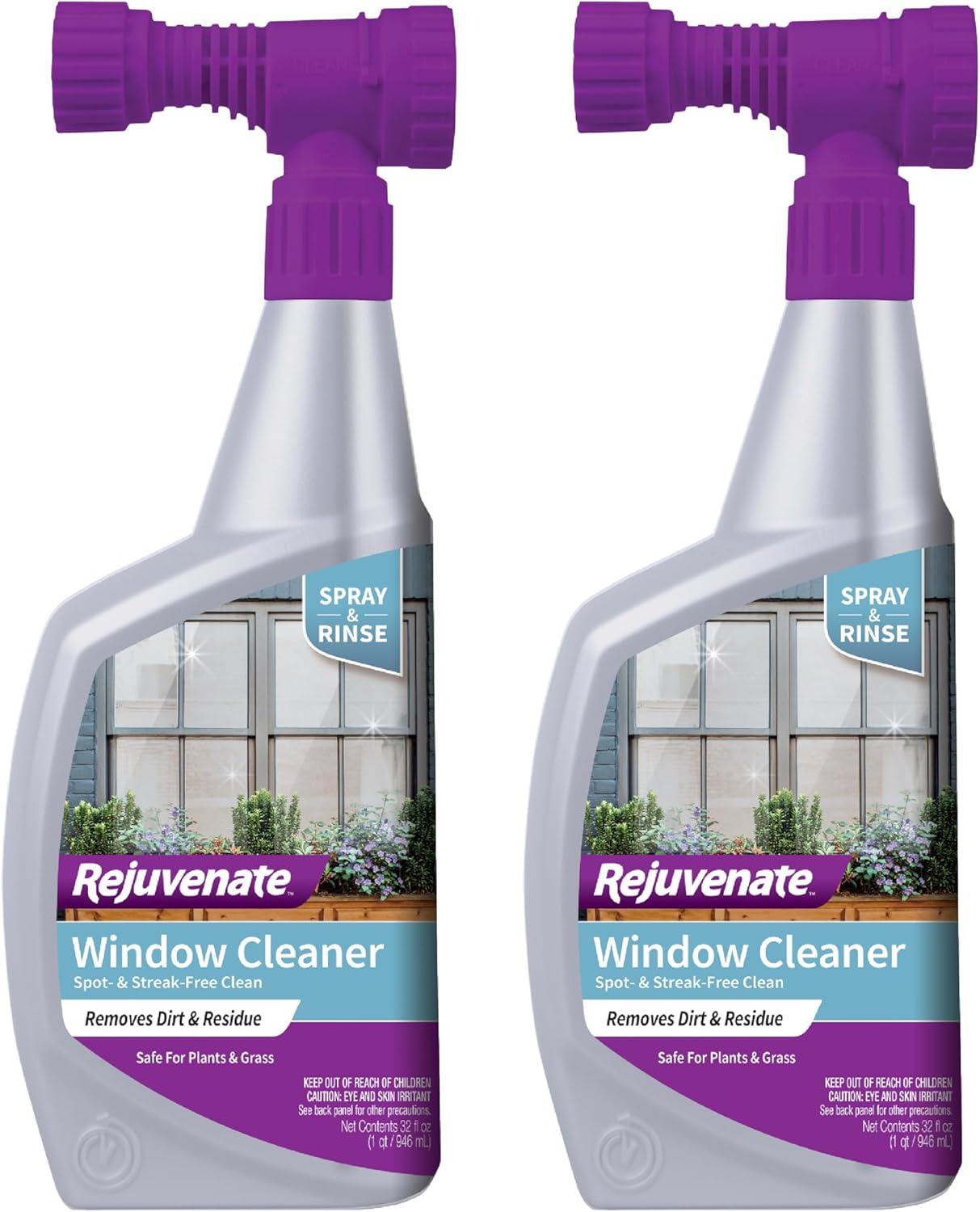 Rejuvenate Window Cleaner, 32 Ounces, Non-Toxic Outdoor Window Cleaner With Hose-End Adapter Quickly Removes Dirt For A Spot- And Streak-Free Shine, 2 Pack