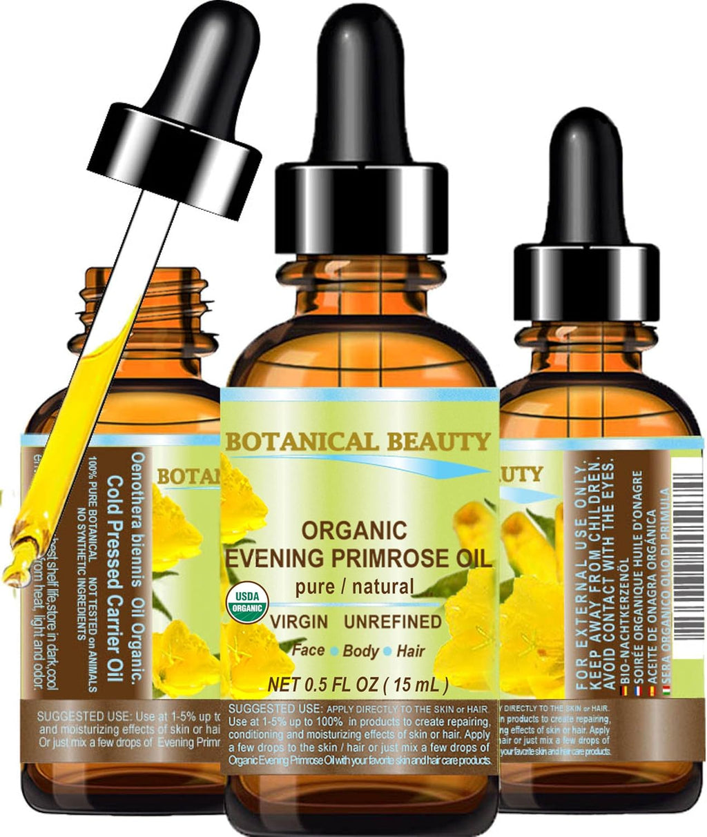 Botanical Beauty Organic EVENING PRIMROSE OIL 100% Pure Natural Undiluted Unrefined Virgin Cold Pressed Carrier Oil. 0.5 Fl.oz.- 15 ml for face, skin, hair, nails