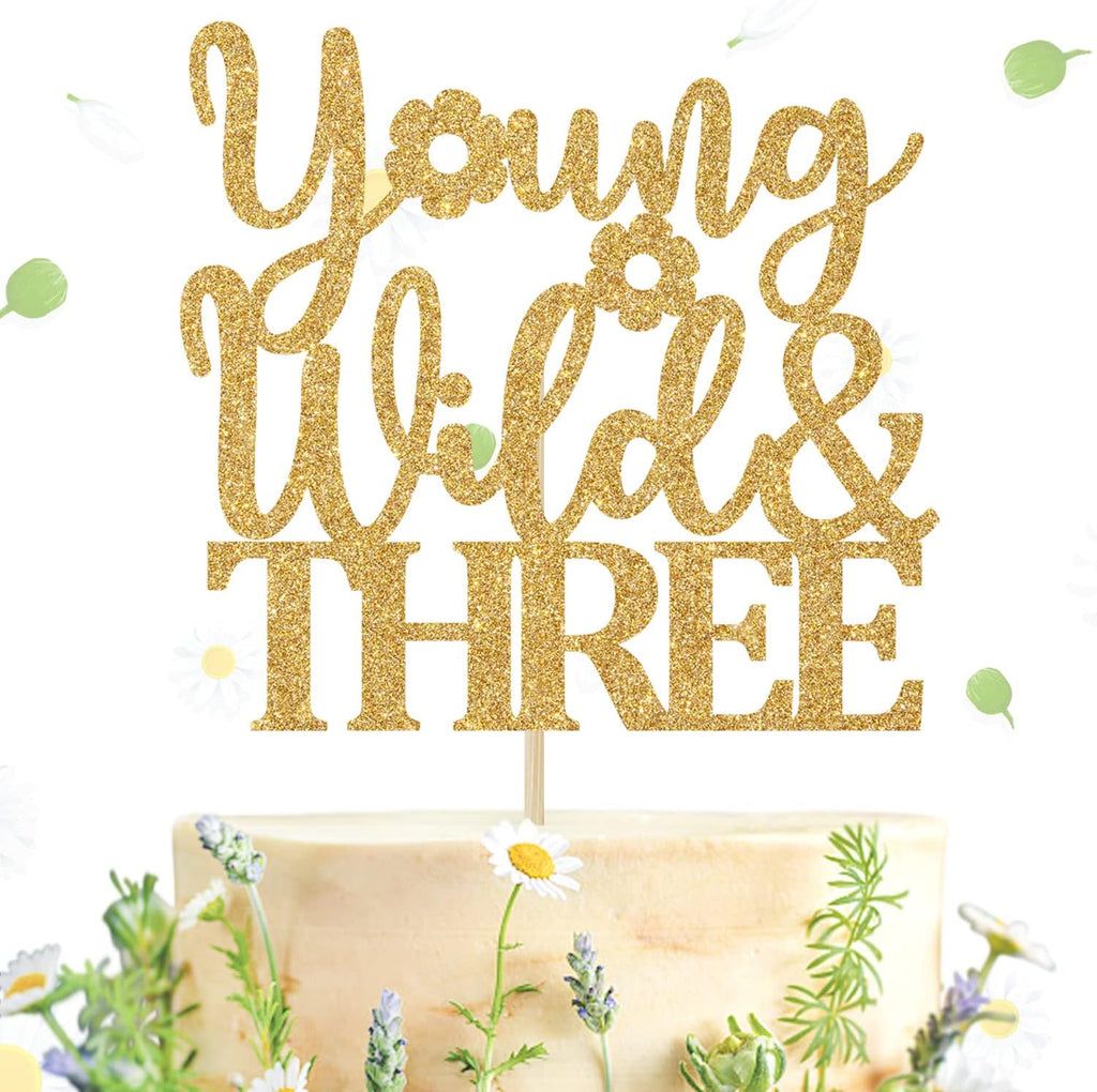 Young Wild and Three Cake Topper, Forest Woodland Campfire Themed Party Cake Decor, Camper 3rd Birthday Party Decorations Supplies (Gold)