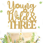 Young Wild and Three Cake Topper, Forest Woodland Campfire Themed Party Cake Decor, Camper 3rd Birthday Party Decorations Supplies (Gold)