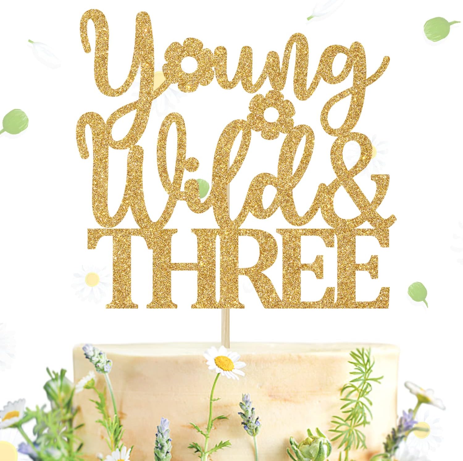 Young Wild and Three Cake Topper, Forest Woodland Campfire Themed Party Cake Decor, Camper 3rd Birthday Party Decorations Supplies (Gold)