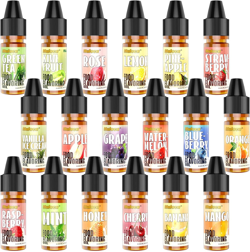 Food Flavoring Oil, 18 Flavors Candy Flavoring, Concentrate Imitation Flavor Extract for Baking, Lip Gloss, Drinks, Cooking, Soap - Water & Oil Soluble - .25 Fl Oz (6 ml) Bottles