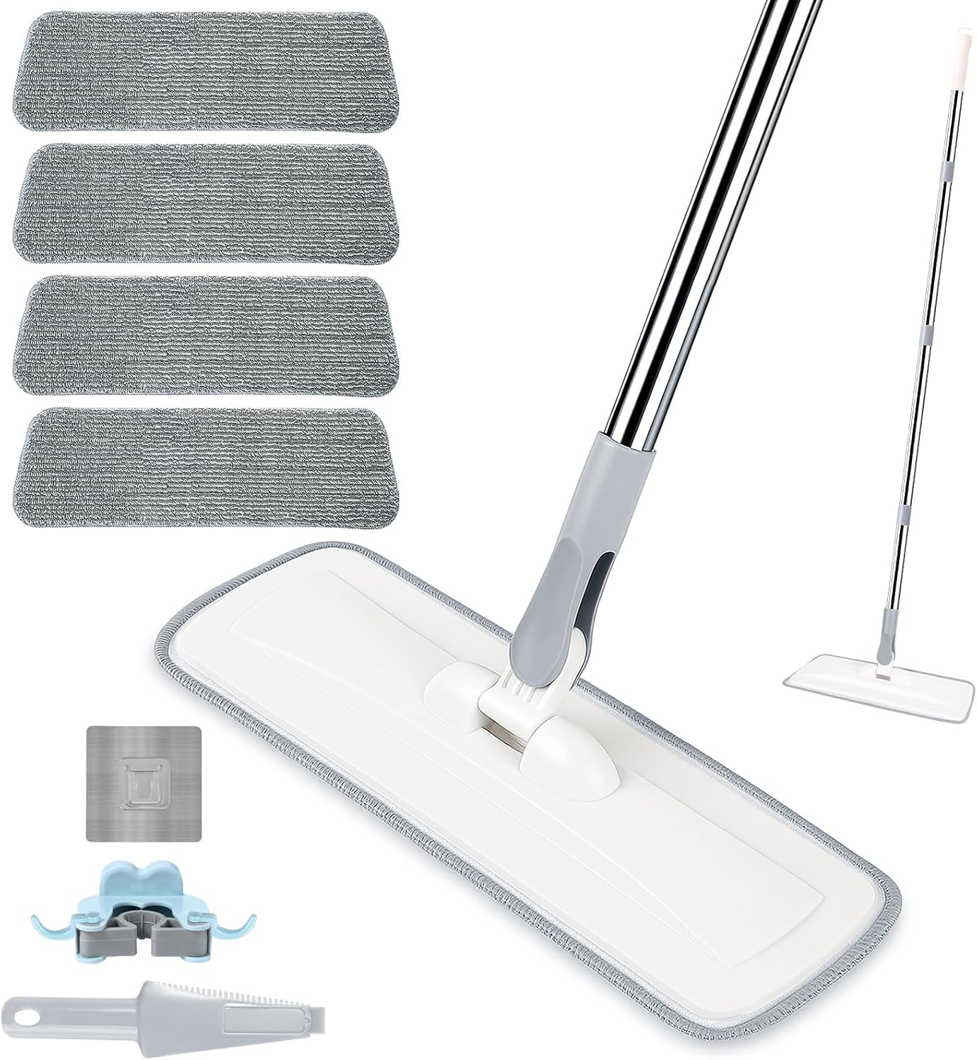 wlich Microfiber Mop for Cleaning Floors,55 Inch Extendable Flat Mop with 4 Reusable Washable Pads, 1 hook, 1 wall piece, and 1 scraper, Wet Dry and Dust Mops for Bathroom Kitchen, Floor,Ceramic Tiles