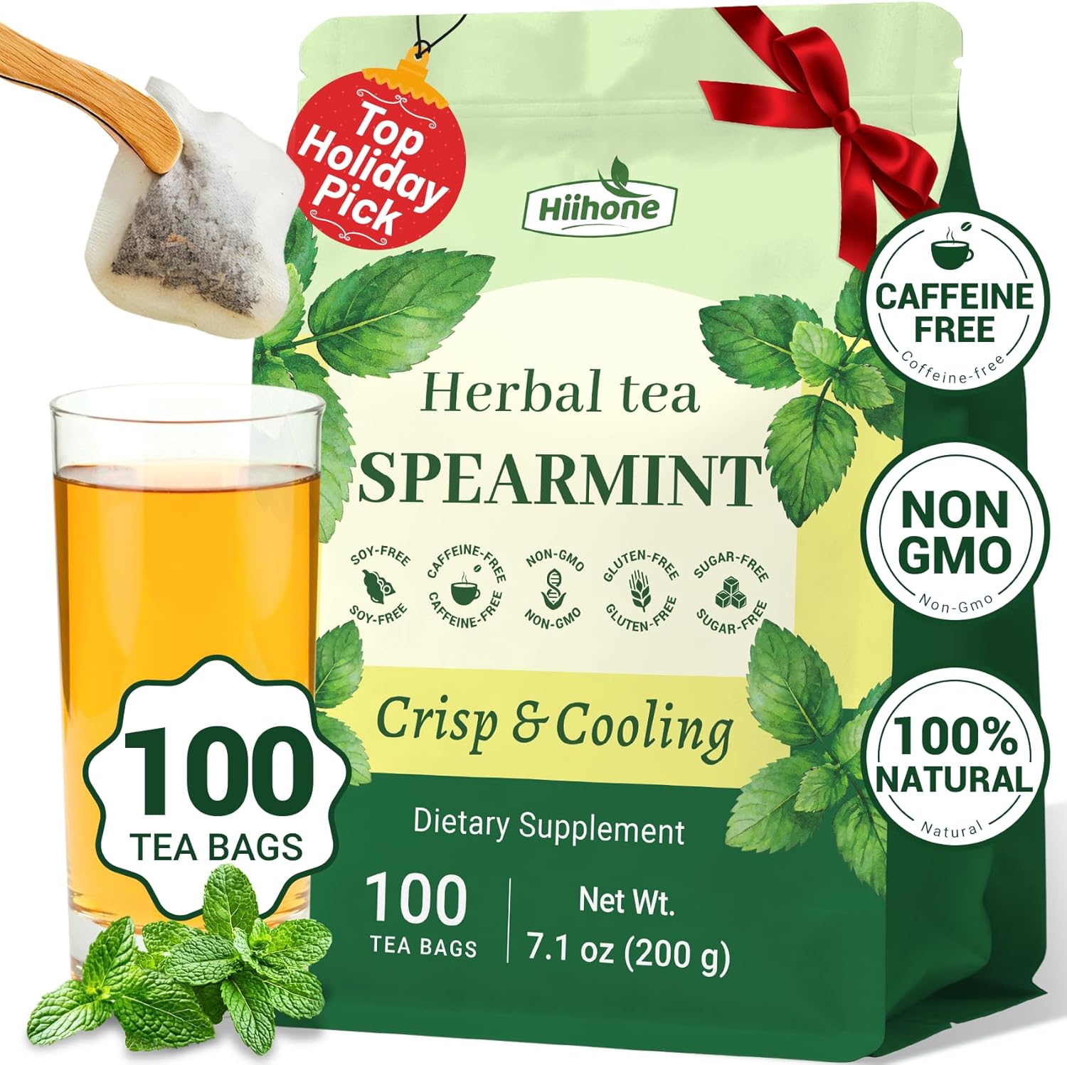 Hiihone Spearmint Tea Bags 100 Count – Pure Spearmint Leaf Herbal Tea, Caffeine-Free, Refreshing Mint Flavor, Supports Digestion & Everyday Wellness, Non-GMO