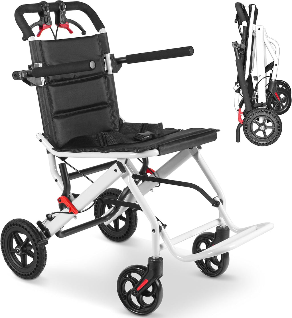 Compact Ultra-Lightweight Portable Transport Wheelchair Foldable Travel Wheelchairs with Handbrake for Adults and Seniors（White）