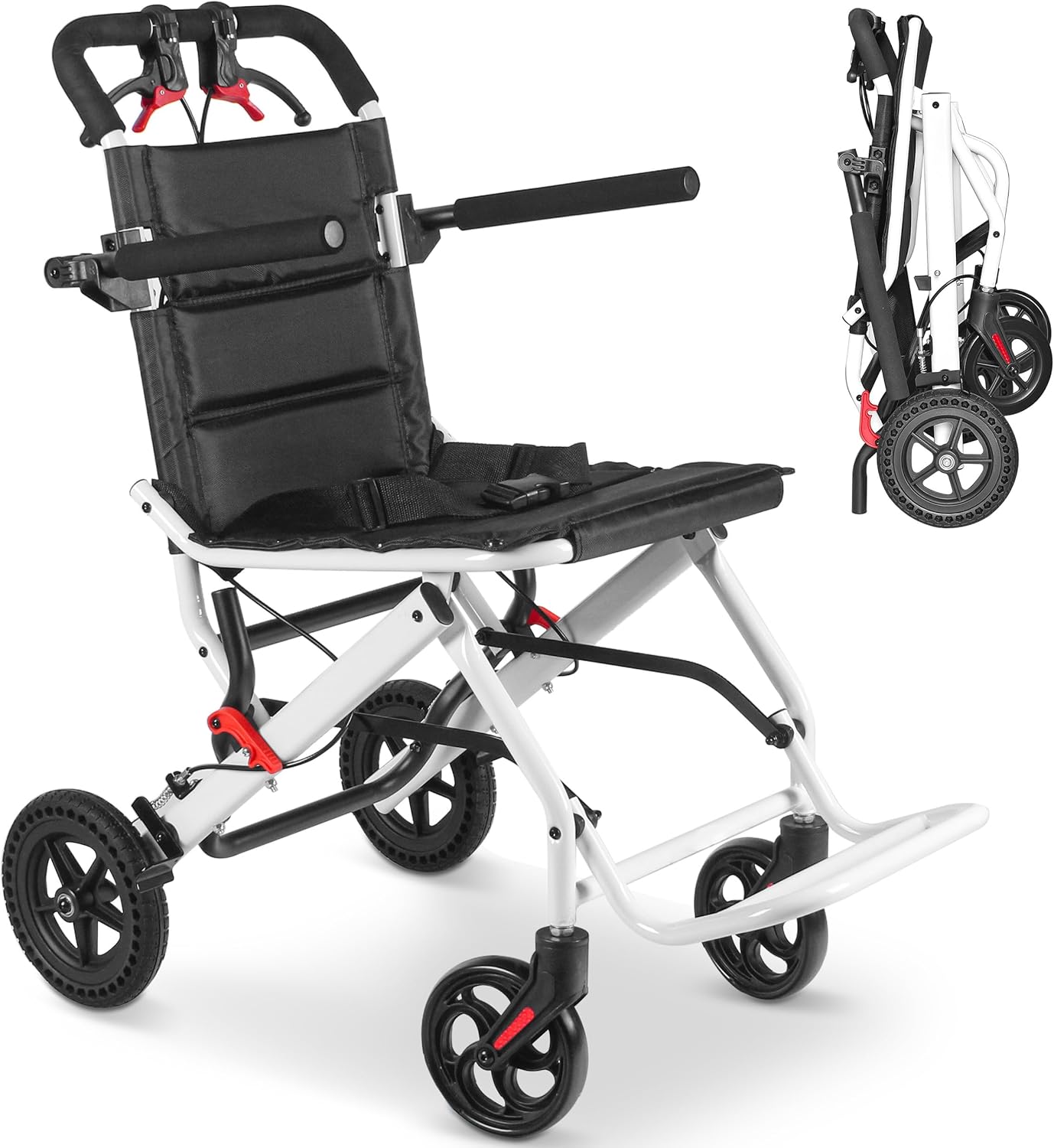 Compact Ultra-Lightweight Portable Transport Wheelchair Foldable Travel Wheelchairs with Handbrake for Adults and Seniors（White）