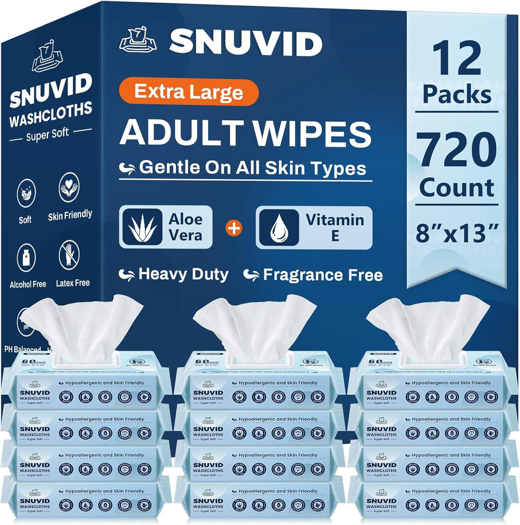 Adult Wipes for Elderly - 720 Count Extra Large 8"x13" Disposable Washcloths Rinse Free Bathing Wipes for Incontinence & Bedridden Care - Thick, Soft & Unscented with Aloe & Vitamin E (12 Packs of 60)