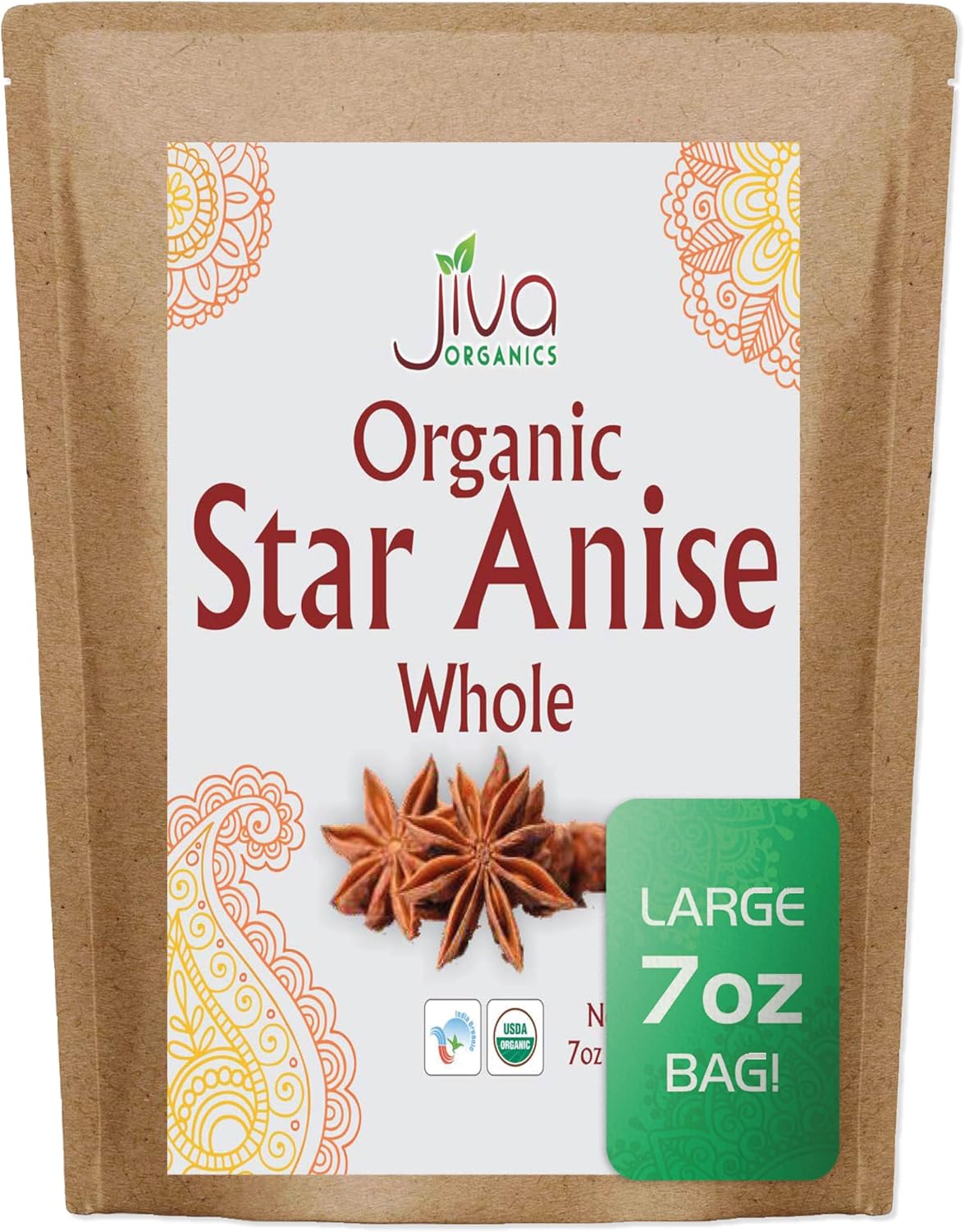 Jiva Organic Whole Star Anise 7 Oz Jumbo Bag - Non-GMO, Non Irradiated, Pure Spice from India, Staranise