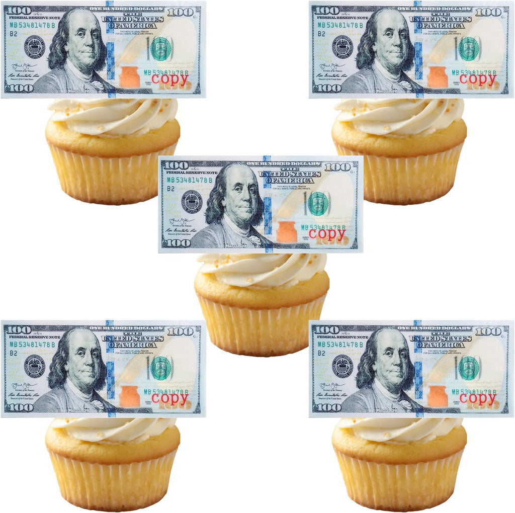 Morofme 30pcs Mini Edible 100 Dollar Bill Cake Cupcake Toppers Small Edible Money Cake Topper Edible Money Image Wafer Paper Cake Decorations Precut Fake Money for Birthday Party Supplies