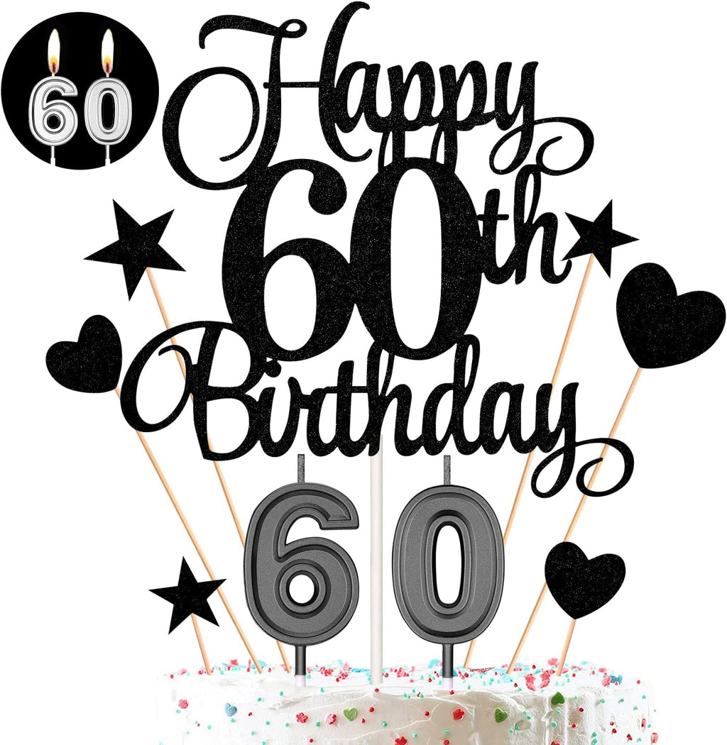 60th Birthday Cake Decorations Set Include 60th Birthday Candles Numeral 60 Cake Candles and Happy 60th Birthday Cake Toppers with Heart Star Cupcake Picks for Birthday Party (Black Series)