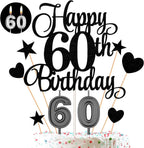 60th Birthday Cake Decorations Set Include 60th Birthday Candles Numeral 60 Cake Candles and Happy 60th Birthday Cake Toppers with Heart Star Cupcake Picks for Birthday Party (Black Series)