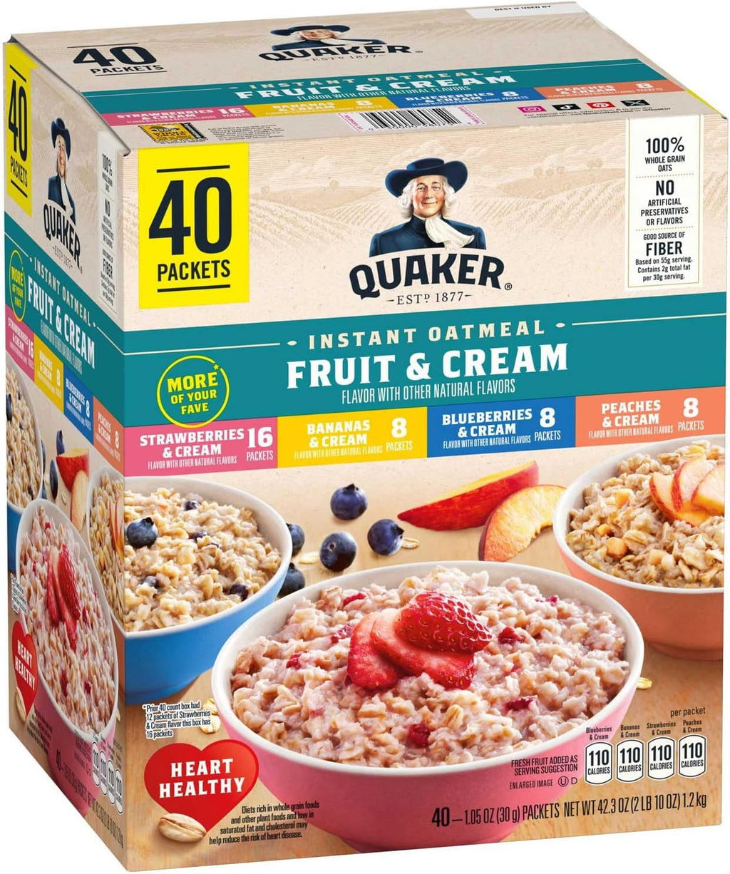 Quaker Instant Oatmeal Fruit & Cream, Variety Pack (40 Pk.) Net Wt 42.3 Oz