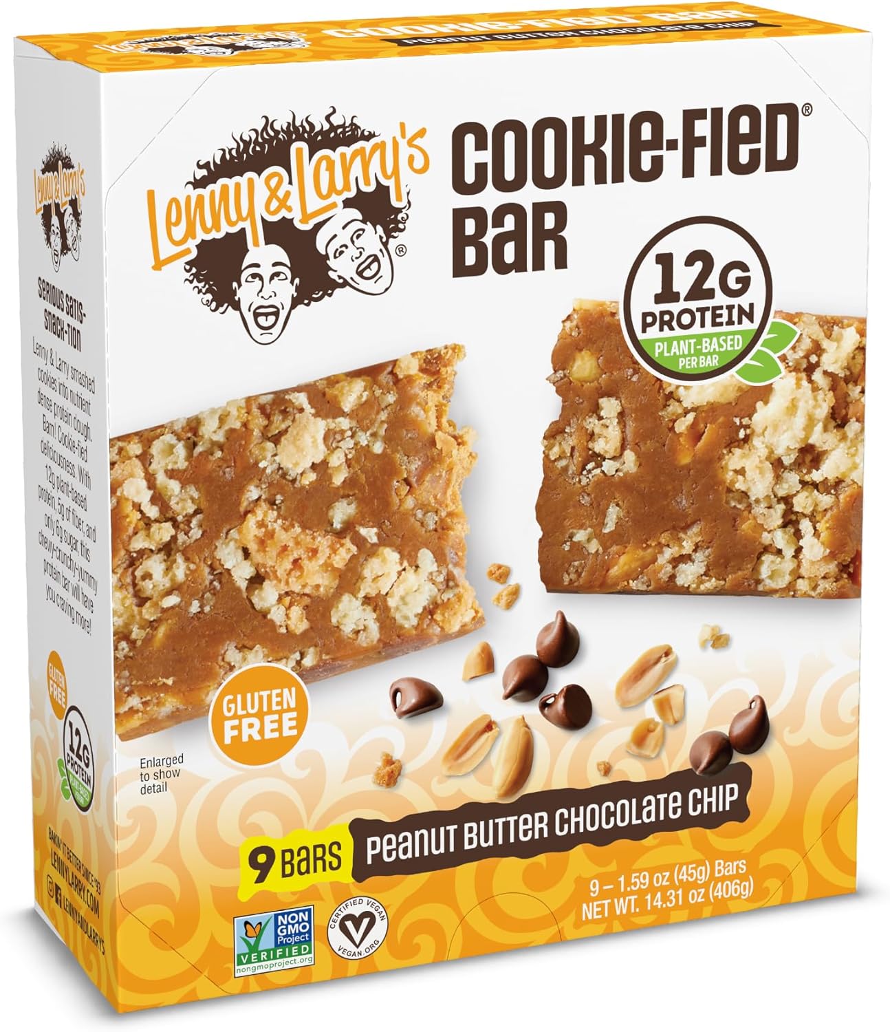 Lenny & Larry's Cookie-fied Protein Bar – Peanut Butter Chocolate Chip Vegan 9x45g – Healthy Snacks with 12g Plant Protein & 5g Fiber – Gluten Free Power Bar, Non-GMO & Vegan