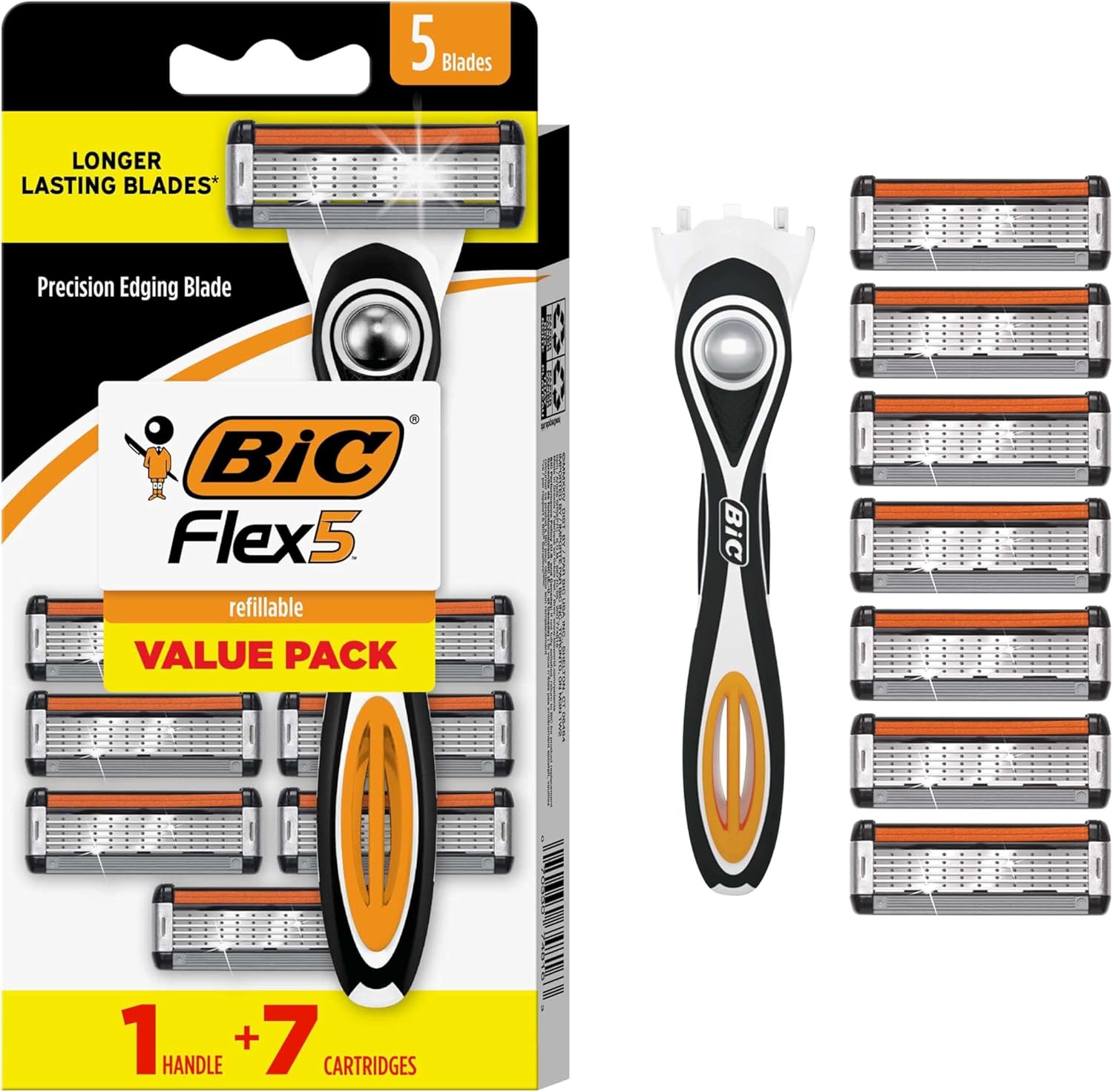 BIC Flex 5 Men's Refillable 5-Blade Razors with 1 Handle and 7 Cartridges, Smooth Shave Gift for Men